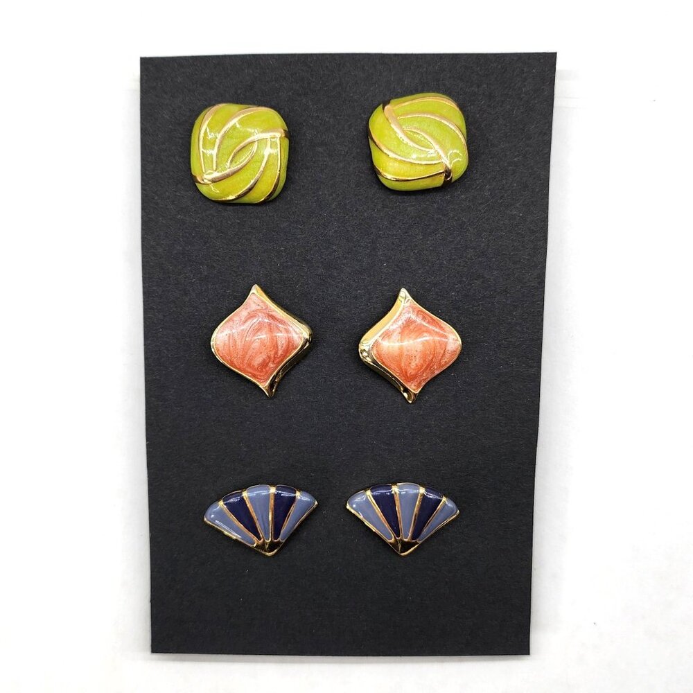 Deco Style Enamel Inlay Fashion Earrings Set of 3